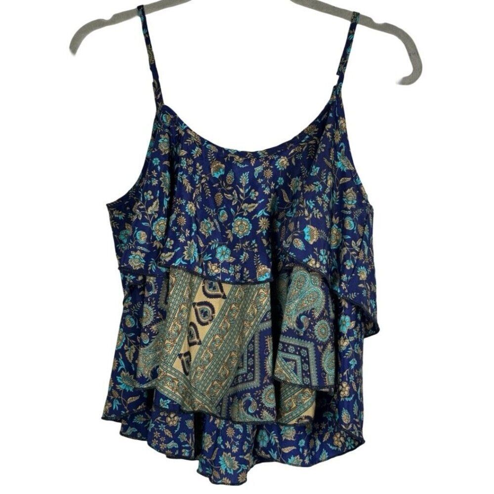RAGA Anthropologie women's size S Blue Floral Print Spaghetti Strap Rayon Top